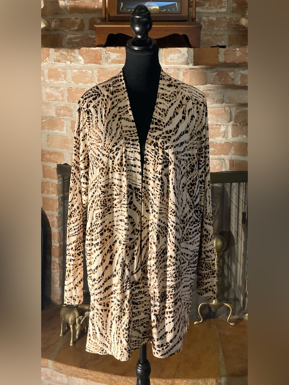 Comfort Code by Cuddl Duds Animal Print Open Cardigan - Neutral Beige & Black